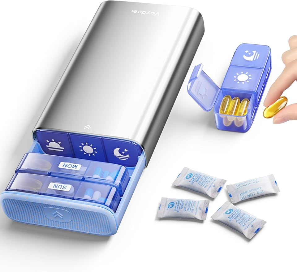 Vaydeer Metal Pill Organizer 3 Times a Day, Weekly Pill Box with Built-in Desiccant Compartment, Airtight 7 Day Travel Pill Case for Medication, Vitamins & Supplements (Silver)