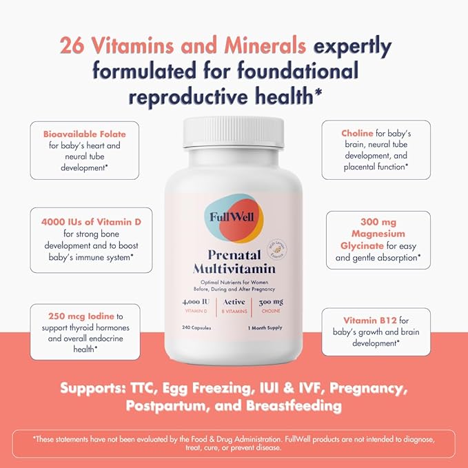 FullWell Women's Prenatal Lemon Essence Essentials - Women's Prenatal Multivitamin & Fish Oil - Supports Maternal Health & Fetal Development - Omega 3, DHA, Folate & Choline - 30 Servings