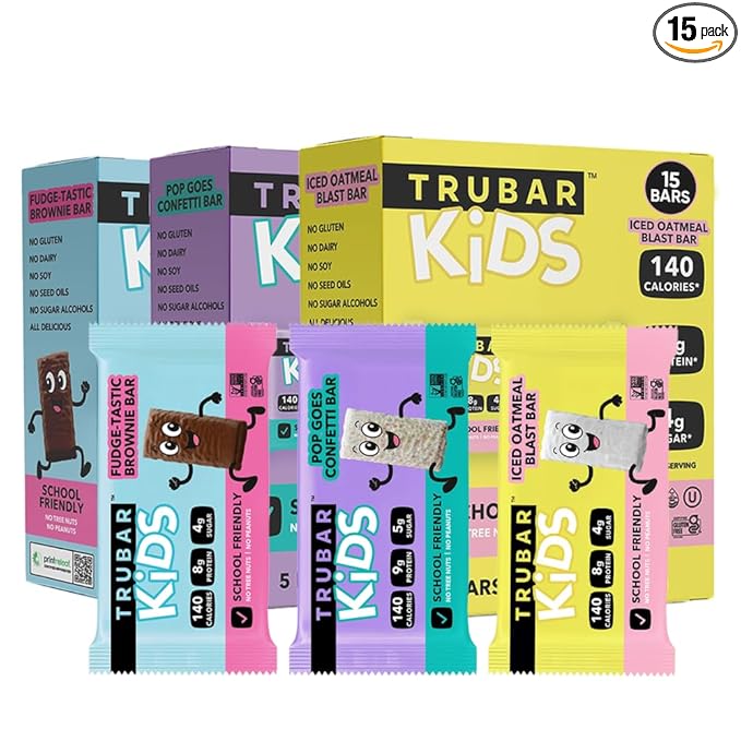 TRUBAR Kids Protein Bars, Snack Pack Variety Box, Plant Based Protein, Gluten Free School-Friendly Snacks for Lunchboxes, Tree Nut and Peanut Free, Low Sugar, Healthy On the Go Snack Bars, 15 Count