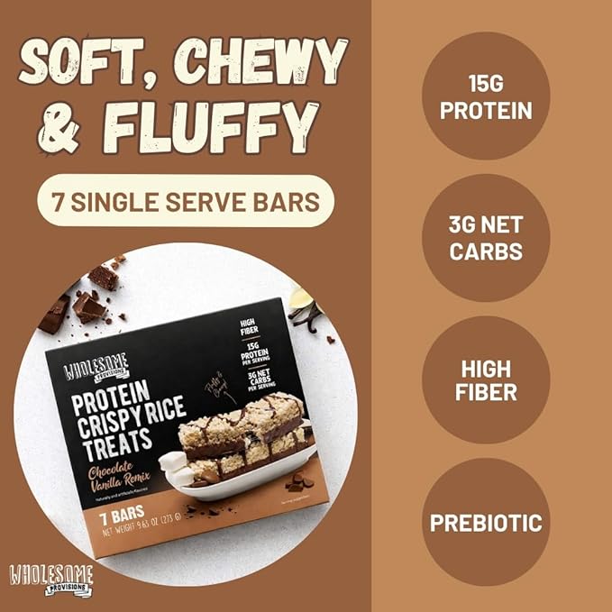 Protein Crispy Rice Treats, 15g Protein, 3g-7g Net Carbs, Low Carb, Fluffy, Soft, Chewy, Gluten Free, High Fiber, Keto-Friendly, No Aftertaste (Chocolate Vanilla Remix, 5 Pack)