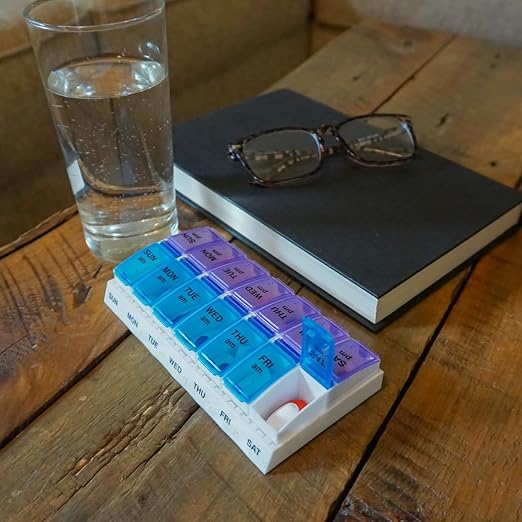 EZY DOSE Weekly AM/PM Pill Organizer, 7-Day Vitamin Container and Daily Medication Box with Large Pop-Out Compartments, 2 Times a Day Pill Holder, Blue and Purple Lids, Travel-Friendly Design