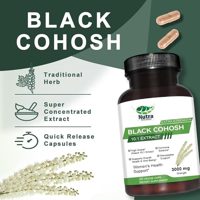Black Cohosh Capsules,3000mg Strength,Black Cohosh Supplements for Women Menopause Hot Flashes,Non-GMO,60 Vegetarian Capsules