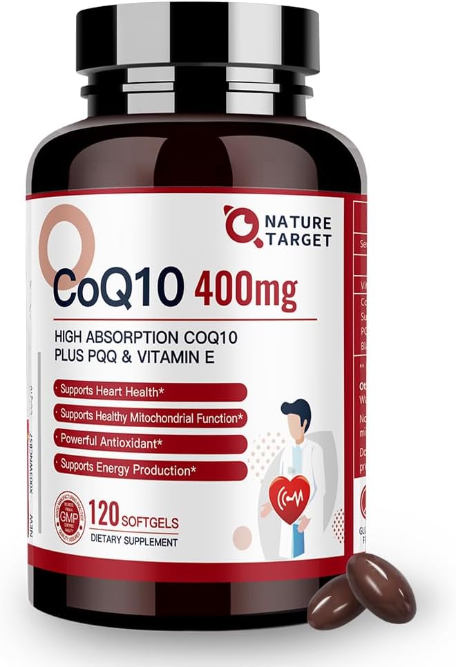 NATURE TARGET CoQ10-400mg Plus PQQ with Vitamin E & Organic Olive Oil - Coenzyme-Q10 with BioPerine - High Absorption Antioxidant-for-Heart-Health and Energy Production,120 Servings