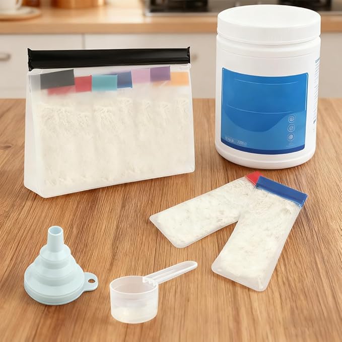 Protein Powder Travel Container Set, 21Pcs Leakproof Powder Dispensers Kit with Funnel, Portable 14pc Single Seal Bags with Labels Spoon and Brush, for Travel Fitness Trip(COLOR:white, black)