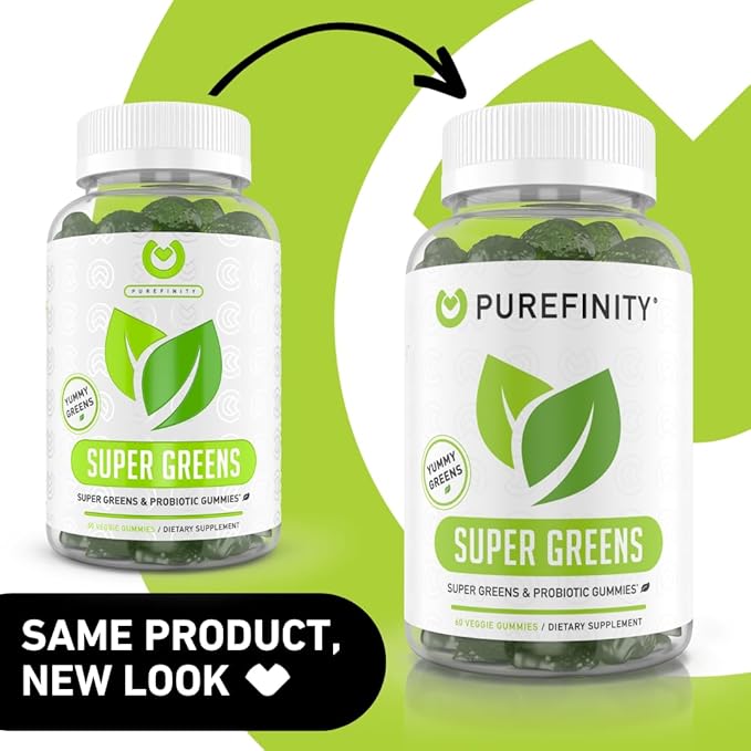 PUREFINITY Daily Super Greens Gummies with Spirulina, Spinach, Broccoli, Beet Root, Acai, and Other Vegetables, All-in-One Veggie Supplement – Non-GMO, Gluten Free, Vegan, 60 Count