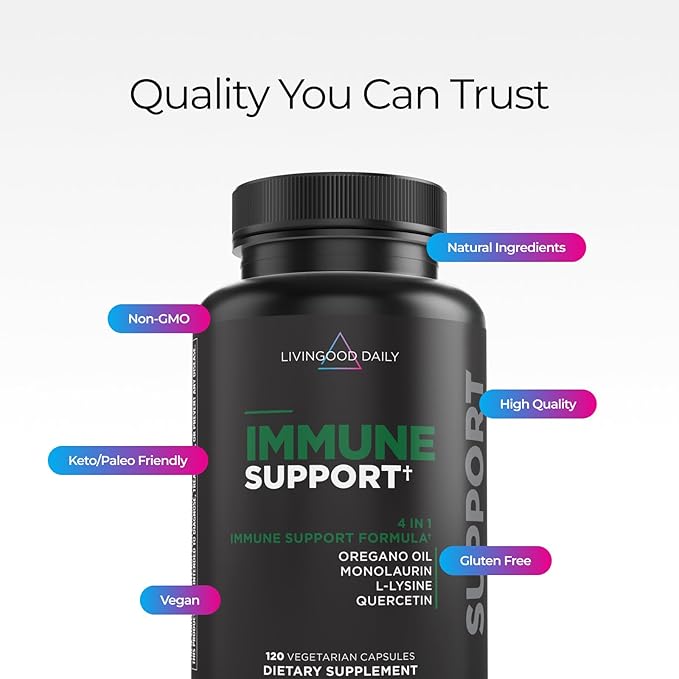 Livingood Daily Immune Support Supplement, 4-in-1 Formula with Oregano Oil, Monolaurin, L Lysine & Quercetin, Gut & Digestive Health, Gluten Free, Vegan, Non GMO, Allergen Free, 120 Capsules