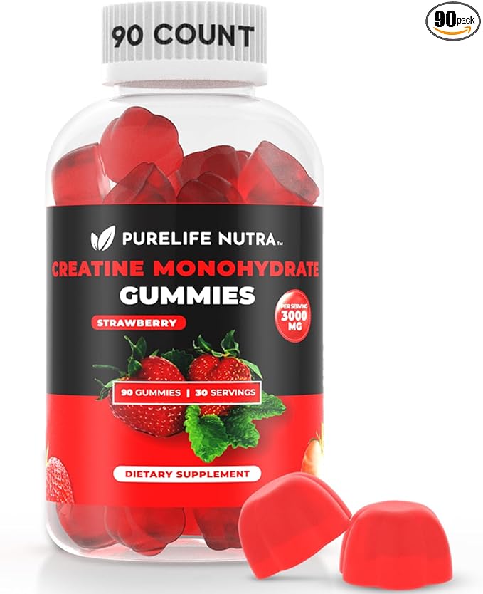 Creatine Monohydrate Gummies - 3g Serving, Sugar Free, 90 Count, Non-GMO, Designed for Men & Women, Gluten Free, Non Bloating - Vegan, Halal, Kosher. (90 Units, Strawberry)