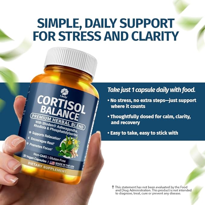 1 Body Cortisol Support for Women & Men – Ashwagandha, Phosphatidylserine & Saffron – Stress Relief, Calm Mood, Balanced Energy & Sleep Support – Vegan