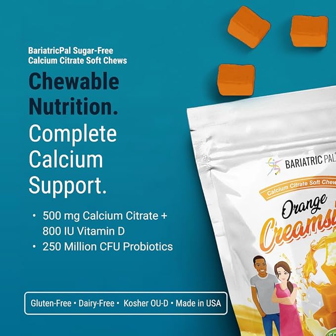 BariatricPal Sugar-Free Calcium Citrate Soft Chews | 500mg with Vitamin D & Probiotics | Orange Creamsicle | 90 Count (1 Month Supply)