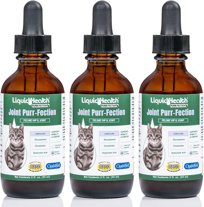 LIQUIDHEALTH Pets Liquid Cat Glucosamine Joint Purr-Fection - Hip & Joint Health Relief Support, Chondroitin Feline Droppers for Senior Older Adult Cats & Kittens - Made in the USA (3 Pack)