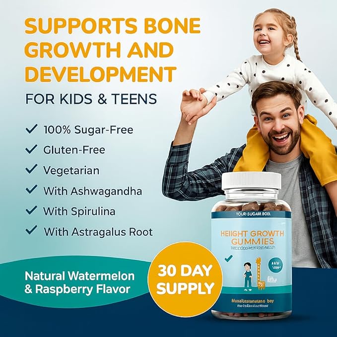 Akros Growth Gummies for Kids & Teens | Sugar-Free Calcium + Vitamin D3 & K2 Gummies - Height & Bone Support | Ashwagandha, Spirulina, L-Arginine | Non-GMO, Gluten-Free, 60 Raspberry-Watermelon Bears