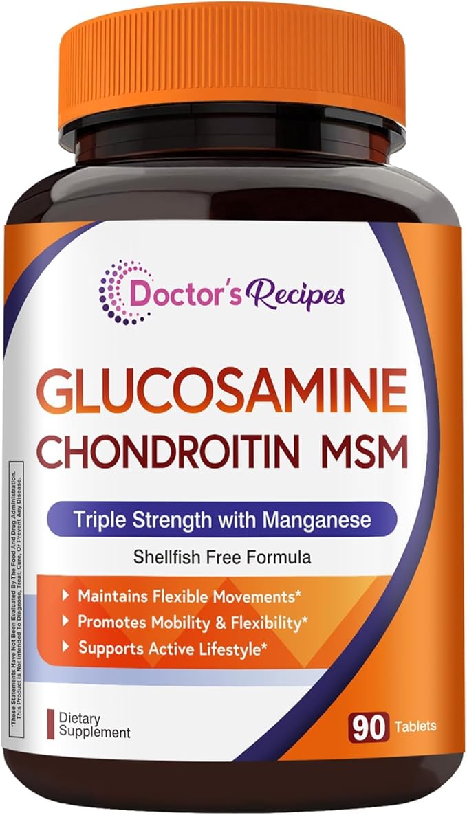 Doctor's Recipes Glucosamine Chondroitin MSM and Manganese Supplement, 1800 mg Glucosamine HCl, NO Shellfish, Healthy Structure & Movements, Flexibility Support for Men & Women, 90 Tablets