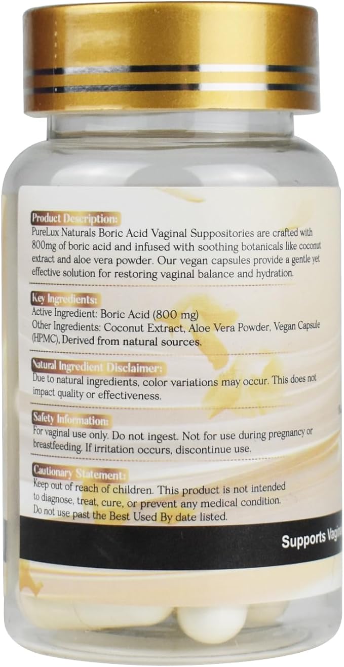 PureLux Boric Acid Feminine Wellness Support 800mg Size 000 30 Count Fragrance-Free Personal Care Formula