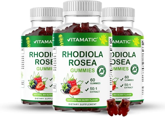 Vitamatic Rhodiola Rosea Gummies – Sugar-Free Plant-Based Extract – Mixed Berry Flavor – Vegan, Non-GMO – Adaptogen Supplement Gummies – 60 Count