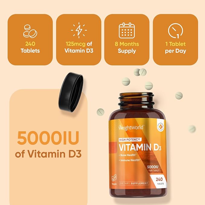 WeightWorld Vegan Vitamin D3 5000 IU Tablets for Bone & Immune Health - 240 Count - D3 Vitamin 125mcg - (8 Months Supply) VIT D Supplement for Women & Men - GMP-Approved - Gluten-Free - Non-GMO
