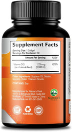 Vitamin D-3 5000 IU (125 mcg) Per Serving Softgels - Extra Strength Vitamins D Dietary Supplement for Bone, Teeth, Muscle Health & Immune Support, Rapid Absorbtion USA Bottled, Gluten Free - 60 Count