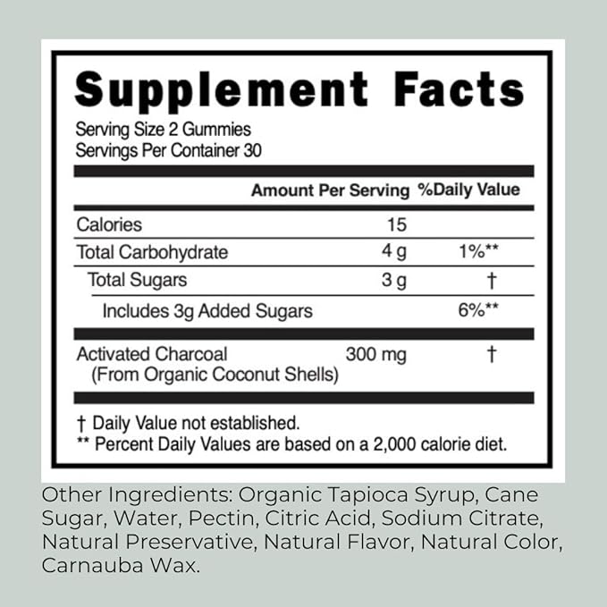 Activated Organic Charcoal Gummies for Kids and Adults, Digestive Health, Gas and Bloat Relief, Detox, Natural Berry Flavor, 60 Count