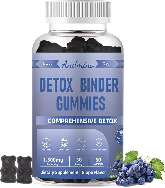 13-in-1 Detox Binder Gummies 1500mg | Activated Charcoal+Zeolite+Milk Thistle | Liver & Gut Detox Support | Non-GMO, Vegan, Gluten-Free, Grape Flavor, 60