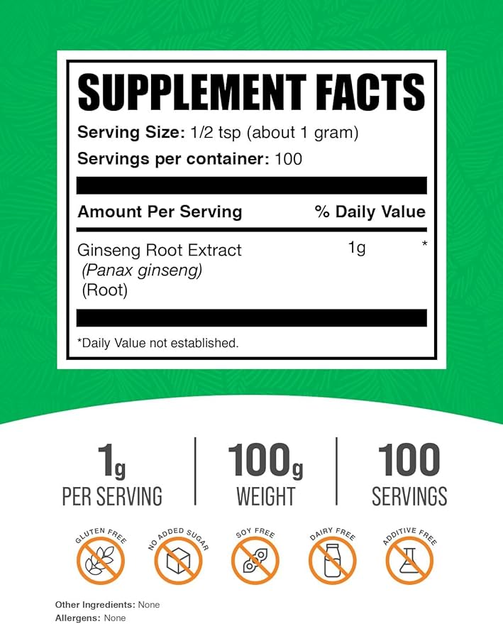 BulkSupplements.com Ginseng Root Extract Powder - Ginseng Supplement, Ginseng Herbal Supplements, Panax Ginseng - Vegan & Gluten Free, 1000mg Ginseng Extract per Serving, 100g (3.5 oz)