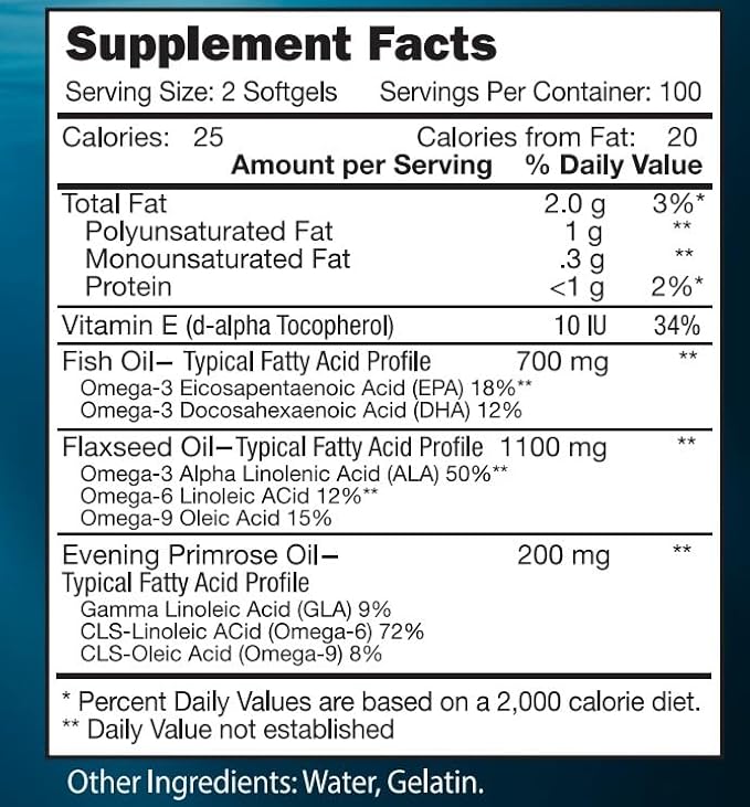 Triple Strength Omega 3-6-9 Fish Oil, Flaxseed & Evening Primrose Oil, 2000mg EPA & DHA (200 Softgels)