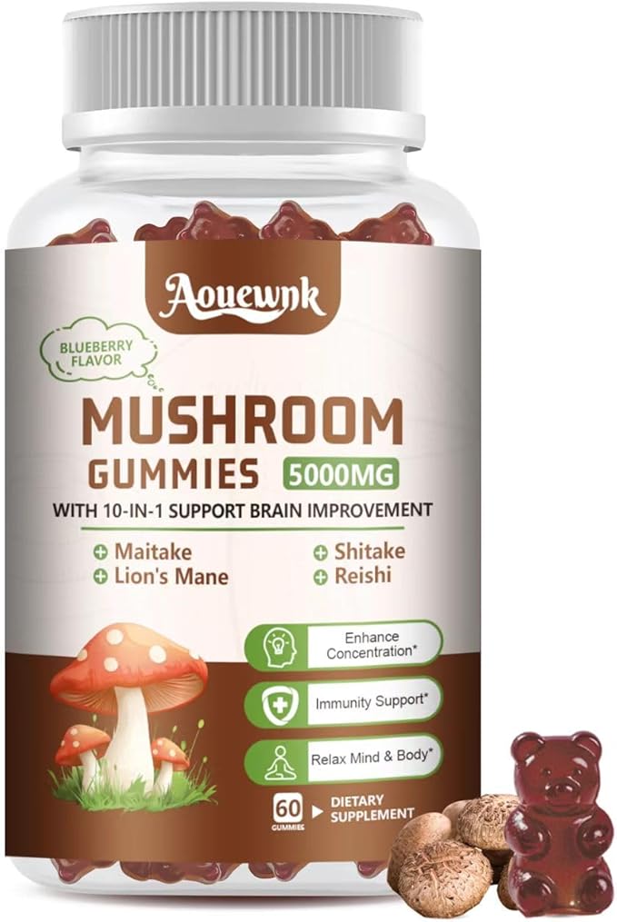 1 Pack 5000MG Mushroom Gummies for Men & Women - 10-in-1 Blend Mushroom Complex Supplement containing Lion's Mane, Brain and Immune Boosting, Blueberry Flavor, Non-GMO, 60 Cts