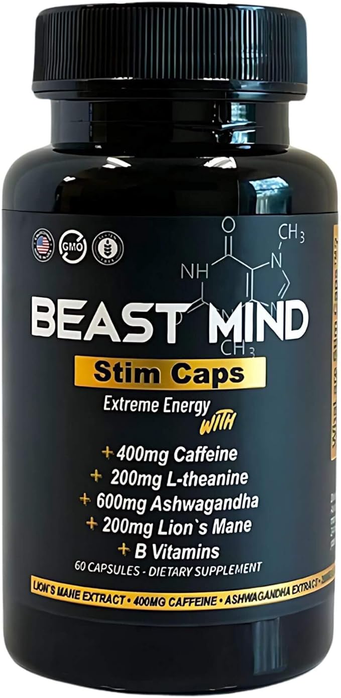 Extreme Energy Pills | 400mg Caffeine | 600mg Ashwagandha | 200mg Lions Mane | Increased Energy & Focus & Mood by Beast Mind