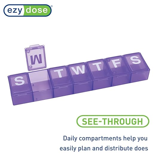 EZY DOSE Weekly (7-Day) Pill Organizer, Medicine Planner, Vitamin Storage Box, Convenient and Easy to Use, Medium Compartments, Case for Supplements and Fish Oils, Travel Friendly, Purple, BPA Free