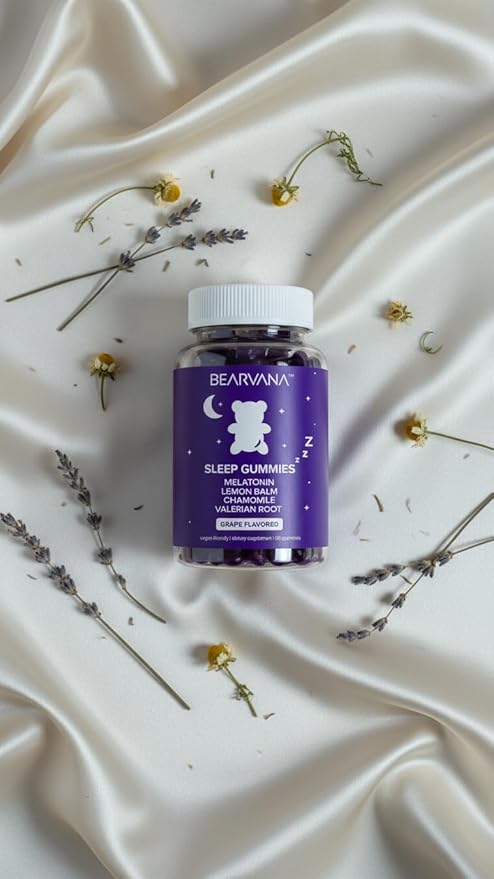BEARVANA Sleep Gummies with Melatonin | Grape Flavored Vegan Sleep Supplement with Lemon Balm, Chamomile & Valerian Root | Night time Relaxation & Rest Support | 60 Gummies