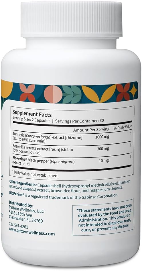 Pattern Wellness Turmeric Curcumin – 95% Curcuminoids with BioPerine® Black Pepper – Supports Joint, Cognitive & Immune Health – Non-GMO, Gluten Free – 180 Capsules