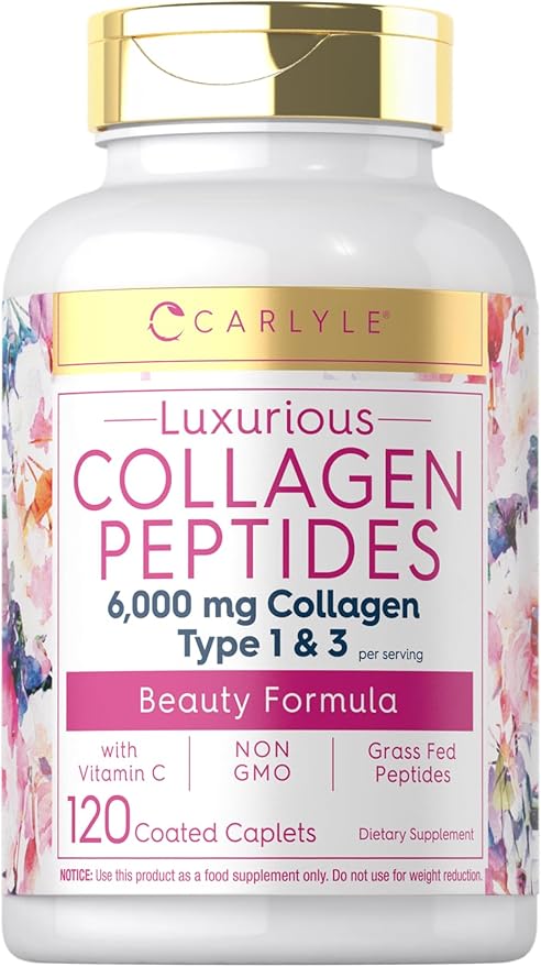 Carlyle Collagen Peptides with Vitamin C | 6000mg | 120 Caplets | Grass Fed Type II & III | Beauty Formula | Non-GMO, Gluten Free Supplement