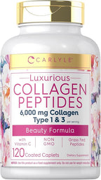 Carlyle Collagen Peptides with Vitamin C | 6000mg | 120 Caplets | Grass Fed Type II & III | Beauty Formula | Non-GMO, Gluten Free Supplement