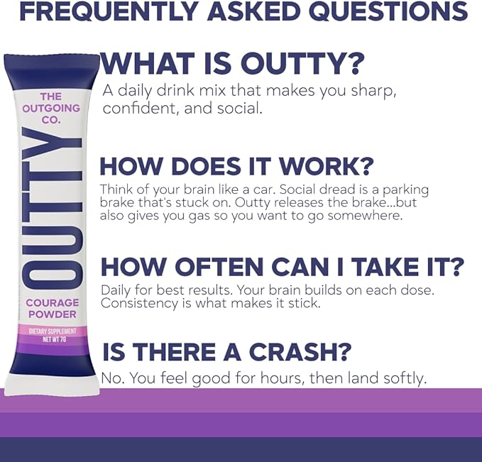 OUTTY Courage Powder Social Energy & Mood Support Drink Mix With Taurine, L-Theanine & Oroxylin A Stress Relief, Mental Clarity & Alcohol Alternative Acai Mixed Berry (15 Stick Packs)