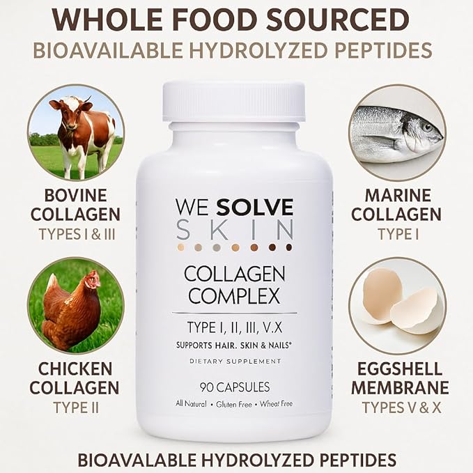 Multi Collagen Peptides Pills for Women & Men – 5 Types (I, II, III, V, X) – Marine, Chicken & Bovine Collagen – Supports Hair, Skin, Nails, Joints & Bones – Gluten-Free Capsules (90 Count)