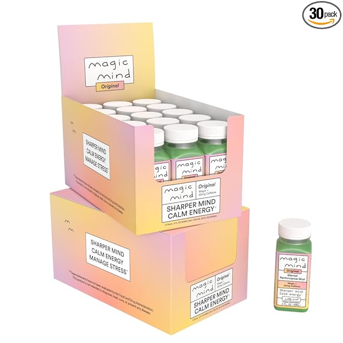 Magic Mind Focus Energy Drink Shots - No Jitters, Stress Relieving, Ashwagandha, Functional Mushrooms, Matcha Green Tea, Vitamin B12, Vitamin C - 2 FL Oz (30 Pack)