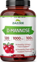 Zazzee D-Mannose, 1000 mg per Serving, 120 Vegan Capsules, 2 Month Supply, Potent & Fast-Acting, Certified Kosher, 100% Pure, All-Natural Urinary Tract Health Support, 100% Vegetarian, Non-GMO