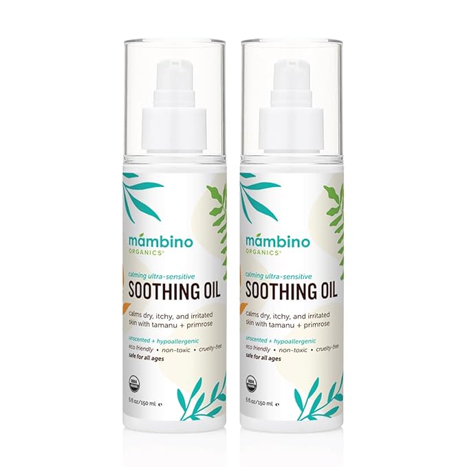 Mambino Organics Soothing Baby Oil, Body Oil for Dry, Itchy Skin, Gentle for Babies, Kids, Vegan, Baby Care Products, 2 Pack, 5 fl oz