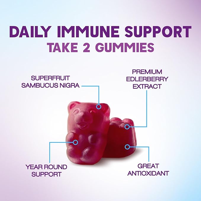 Elderberry Immune Support Gummies - Elderberry Extract Sambucus Nigra - Black Elder Berry Vitamin Supplement - Natural, Daily Immune Support Kids & Adults Love - Delicious Berry Flavor - 120 Gummies