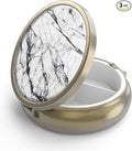 Pill Case Pill Box with Mirror Retro 3 Compartment Small Pill Case for Purse or Pocket Bronze Small Roud Pill Box or Vitamins, Fish Oil, Supplements, Pill Containe Travel Gifts（White Marble）