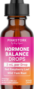 Pink Stork Hormone Balance Drops for Women - Supports Hormonal Health, PMS, Perimenopause & Mood, with Red Raspberry Leaf & Wild Yam - Liquid Supplement - Vegan, 2oz, 30 Servings