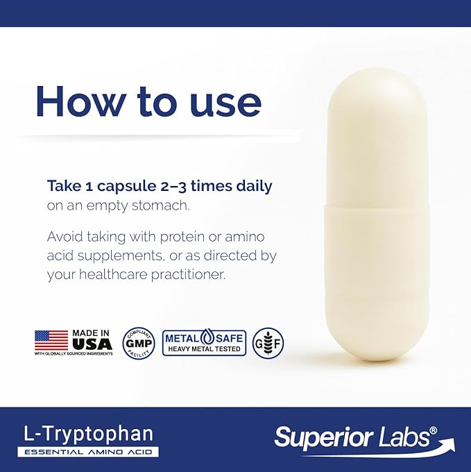 Superior Labs L-Tryptophan 500 mg Capsules, Pure Non-GMO Amino Acid, High Absorption, Supports Sleep and Mood, Helps with Occasional Stress, PMS Support, 120 Veg Caps