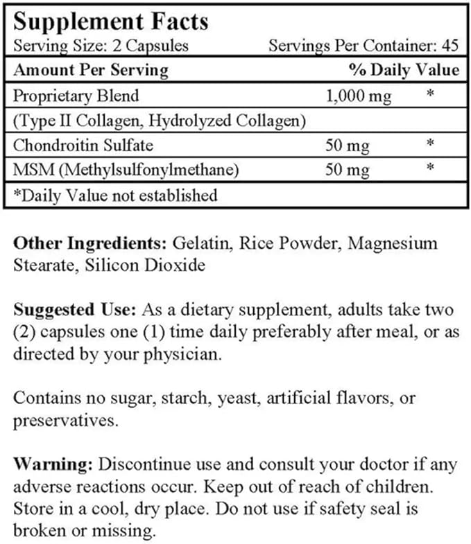 Co-Cell Type II Collagen Supplement | Hydrolyzed Chicken Cartilage with Chondroitin & MSM | Advanced Formula for Joint Care & Skin Support | 90 Capsules