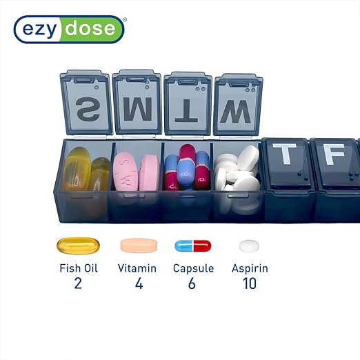 EZY DOSE Weekly (7-Day) Daily Pill Organizer, Vitamin Planner, Medicine Container, Case for Supplements and Fish Oils, Convenient and Easy to Use, Medium Compartments, Travel Friendly, Black, BPA Free