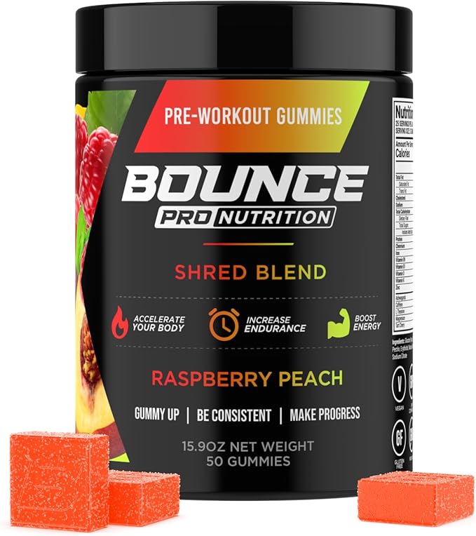 Bounce Pro Shred Blend Pre Workout Gummies – Raspberry Peach – 50 Vegan Gummies with Caffeine, Ashwagandha & L-Theanine for Energy, Focus & Endurance (50 Count (Pack of 1), Raspberry Peach)
