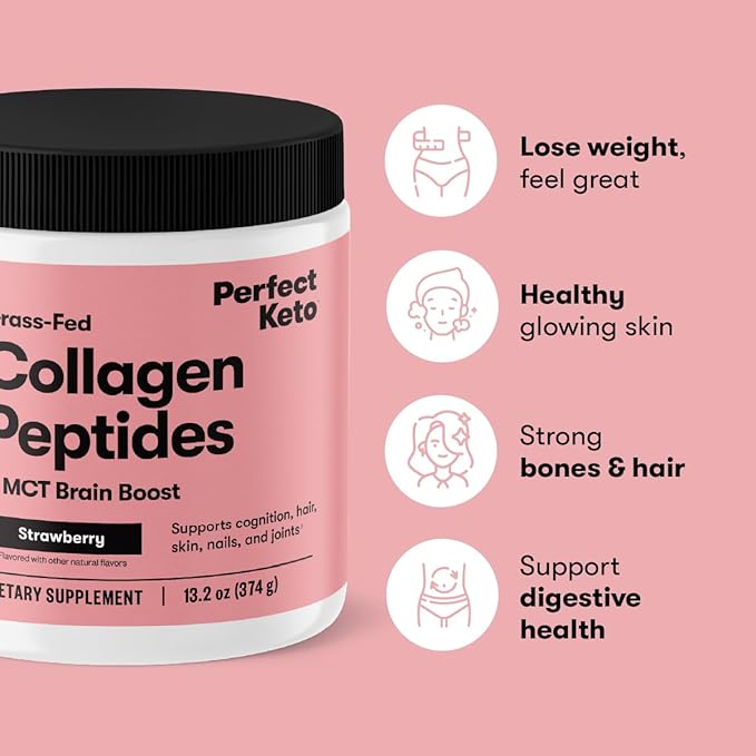 Perfect Keto Collagen Peptides Protein Powder with MCT Oil, Hydrolyzed Collagen, Type I & III Supplement, Gluten Free Grass Fed, Low Carb, Keto Coffee Creamer, Collagen for Women & Men, Peanut Butter