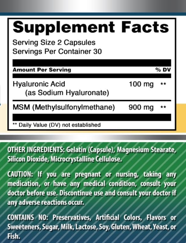 Amazing Formulas Hyaluronic Acid & MSM Supplement | 1000 Mg Per Serving | Capsules | Non-GMO | Gluten Free | Made in USA (60 Count | 1 Pack)