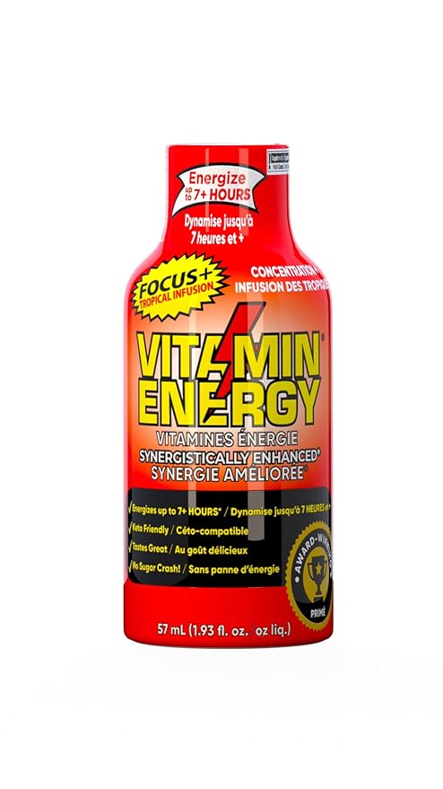 Vitamin Energy Focus+ Extra Strength Energy Shot Tropical Infusion 12 Pack, 260mg Natural Caffeine, B-Vitamins, CoQ10, Amino Acids, Focus, Productivity & Clarity, Zero Sugar, Gluten-Free, 1.93 fl oz