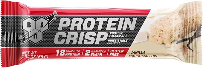 BSN Protein Crisp Bar, Vanilla Marshmallow, 18 Gram Protein Snack Bars with Whey and Fiber, Gluten-Free Crunchy Energy Bars for Workout, Fitness, On-the-Go, 12 Count