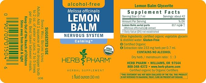 Herb Pharm, Lemon Balm Alcohol Free, 1 Fl Oz