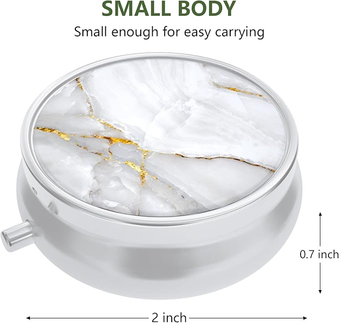 Nipichsha Pill Box, Small Pill Case for Purse & Pocket, Cute Travel Medicine Organizer, Portable Medicine Container Holder to Hold Vitamins, Medication, Fish Oil & Supplement, White Marble