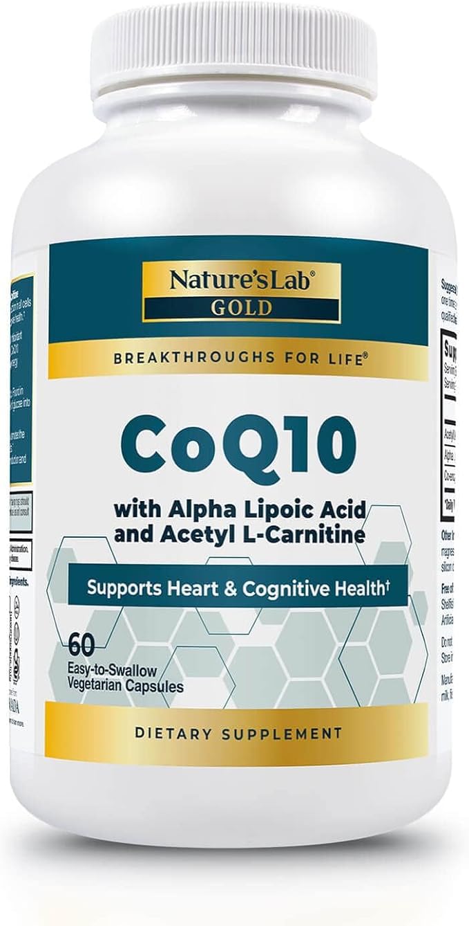 Nature's Lab CoQ10 200mg with Alpha Lipoic Acid & L-Carnitine - High Absorption Heart & Brain Support - Energy & Mitochondrial Function - 60 Capsules Gold